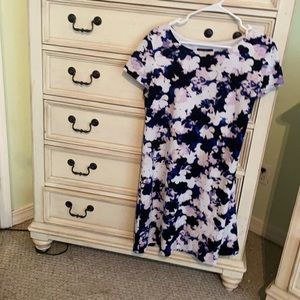 Blue white and pink flowered slip on dress with cap Sleeves